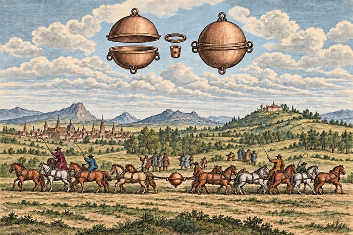 Historischer Halbkugelversuch von Otto von Guericke im Jahr 1654 zum Nachweis der gewaltigen Kraft des Luftdrucks